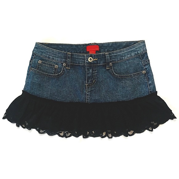 Forever 21 | Black Lace Ruffle Hem | Micro Mini Jean Skirt | Sz Med - Picture 2 of 6